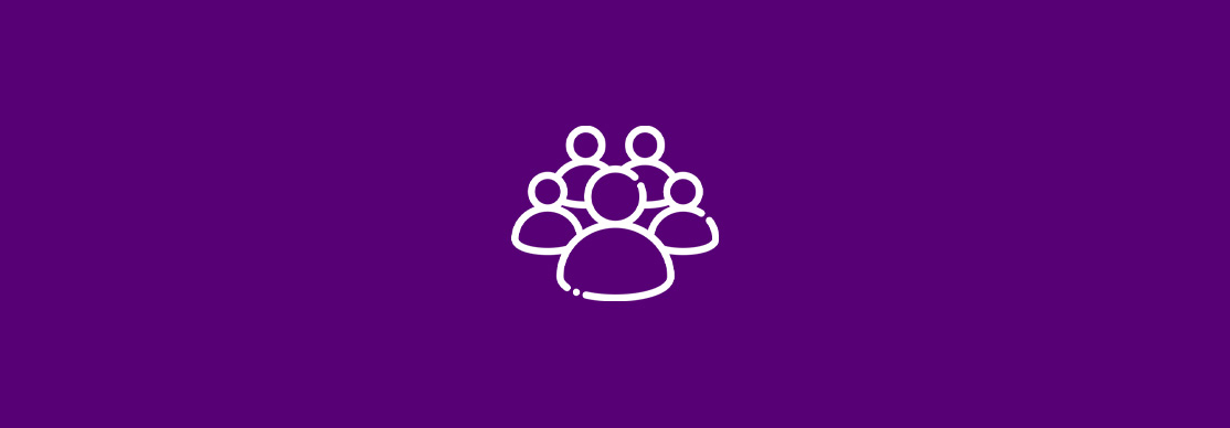 White icon of five people grouped together on a solid purple background.