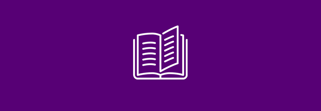 White outline of an open book with visible text lines on a solid purple background.
