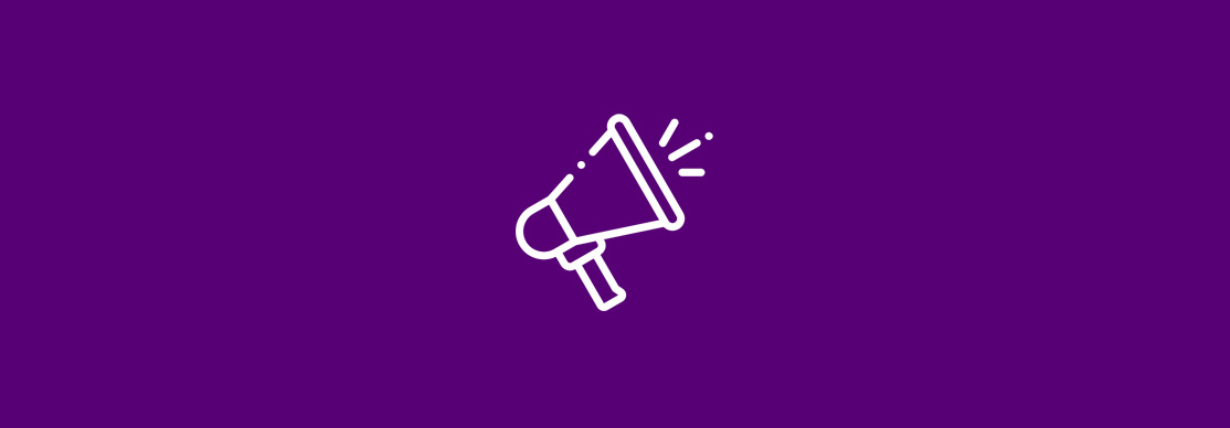 White megaphone icon with sound lines on a solid purple background.